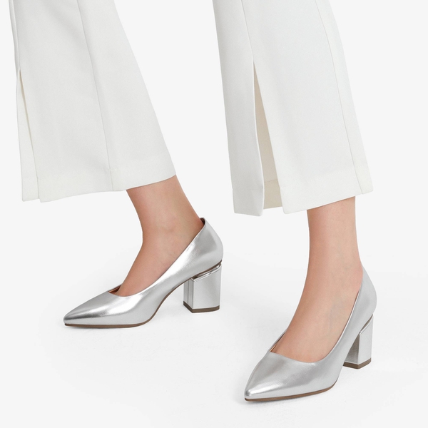 Classic Pointed Toe Block Heel Pumps - SILVER PU - 1